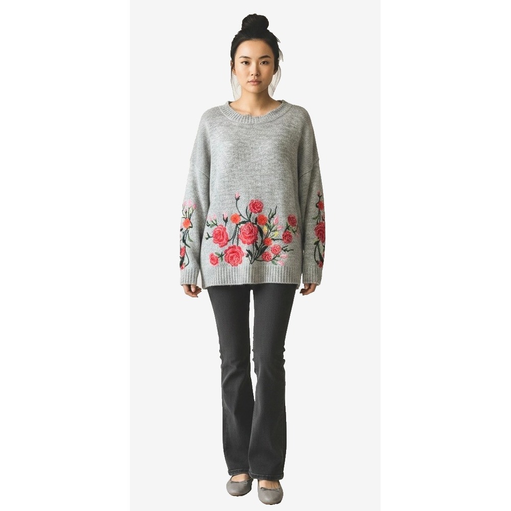 UMGEE Women's Floral Embroidered Sweater S Gray Oversized Slouchy Boho Vibrant